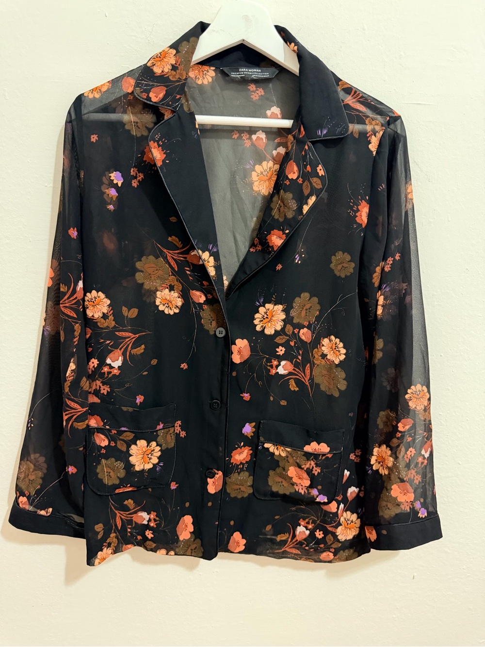 Zara black sheer floral-print button-down blouse with patch pockets
